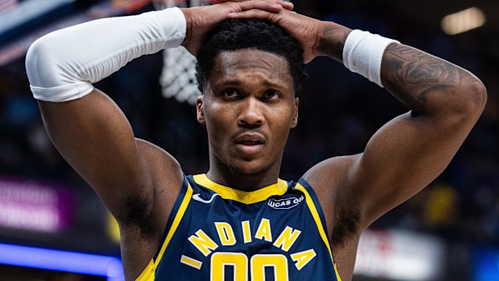 Jan 31, 2026; Indianapolis, Indiana, USA; Indiana Pacers guard/forward Bennedict Mathurin (00) in the first half against the Atlanta Hawks at Gainbridge Fieldhouse. Mandatory Credit: Trevor Ruszkowski-Imagn Images