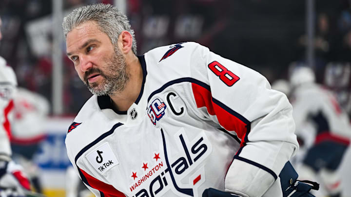 Apr 27, 2025; Montreal, Quebec, CAN; Washington Capitals left wing Alex Ovechkin (8) during warm-ups before a game against the Montreal Canadiens in game four of the first round of the 2025 Stanley Cup Playoffs at Bell Centre. Mandatory Credit: David Kirouac-Imagn Images