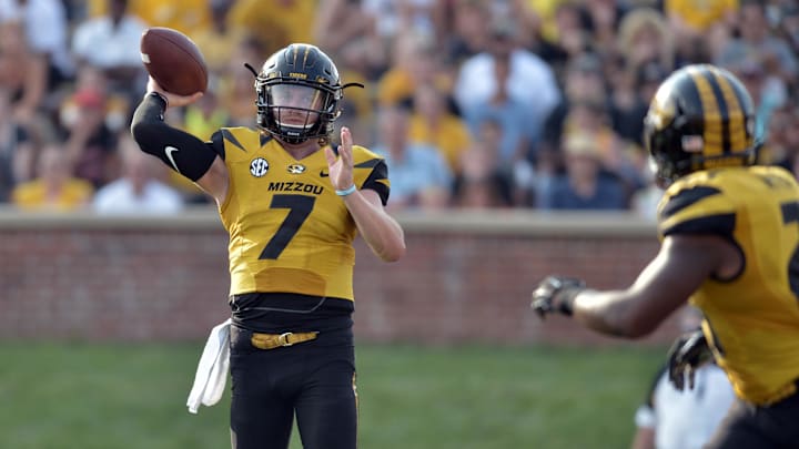 Sep 5, 2015; Columbia, MO, USA; Missouri Tigers quarterback Maty Mauk (7) throws a pass to wide receiver Nate Brown (2) during the second half against the Southeast Missouri State Redhawks at Faurot Field. Missouri won 34-3. Mandatory Credit: Denny Medley-Imagn Images