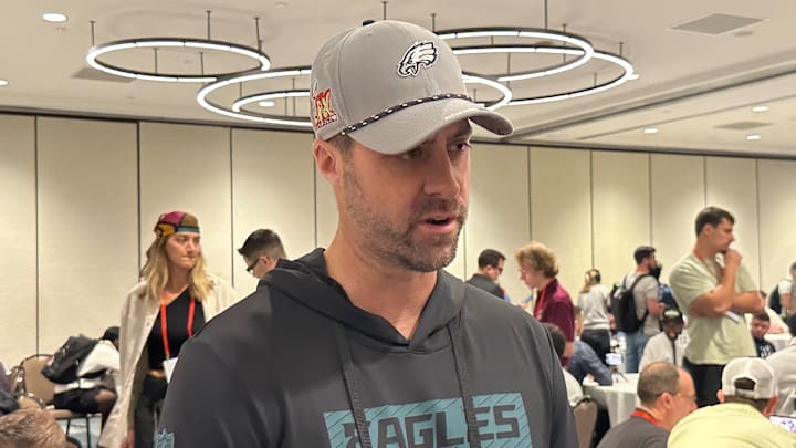 Eagles passing game coordinator Kevin Patullo talks during media availability at Super Bowl LIX. Eagles passing game coordinator Kevin Patullo talks during media availability at Super Bowl LIX.