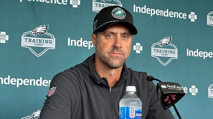 Eagles OC Kevin Patullo speaks with reporters. Eagles OC Kevin Patullo speaks with reporters.