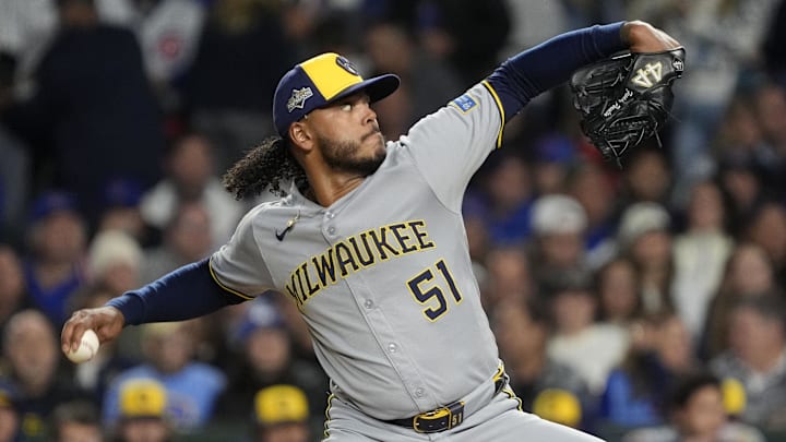 Oct 9, 2025; Chicago, Illinois, USA; Milwaukee Brewers pitcher Freddy Peralta (51) throws pitch against the Chicago Cubs during the first inning for game four of the NLDS round for the 2025 MLB playoffs at Wrigley Field. Mandatory Credit: David Banks-Imagn Images Oct 9, 2025; Chicago, Illinois, USA; Milwaukee Brewers pitcher Freddy Peralta (51) throws pitch against the Chicago Cubs during the first inning for game four of the NLDS round for the 2025 MLB playoffs at Wrigley Field. Mandatory Credit: David Banks-Imagn Images