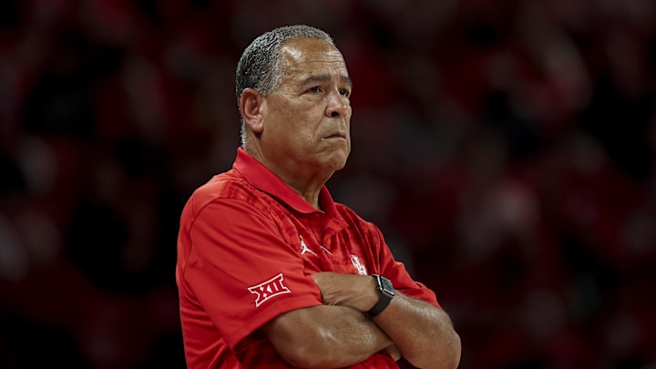 Nov 3, 2025; Houston, Texas, USA; Houston Cougars head coach Kelvin Sampson looks on during the second half against the Lehigh Mountain Hawks at Fertitta Center. Mandatory Credit: Maria Lysaker-Imagn Images 