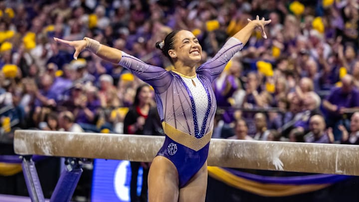 Mar 7, 2025; Baton Rouge, LA, USA;  LSU Tigers Aleah Finnegan performs on the balance beam during the meet against the Georgia Bulldogs at Maravich Center. Mandatory Credit: Stephen Lew-Imagn Images.