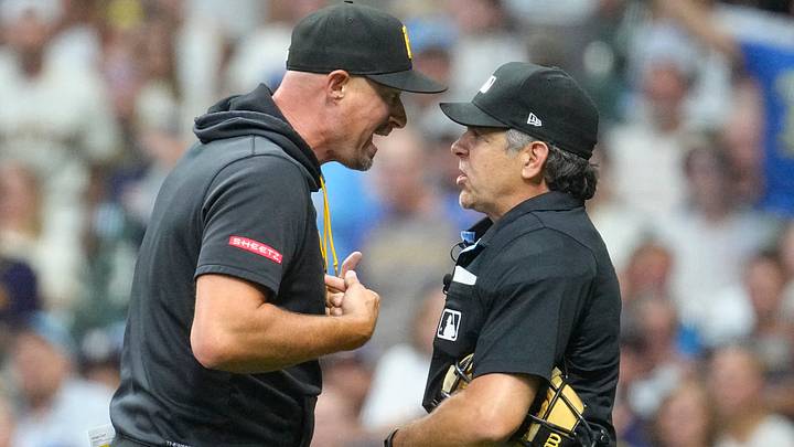 Aug 4, 2026; Milwaukee, Wisconsin, USA; Pittsburgh Pirates manager Don Kelly (12) argues with umpire James Hoye (92) in the fifth against the Milwaukee Brewers at American Family Field. Mandatory Credit: Michael McLoone-Imagn Images Aug 4, 2026; Milwaukee, Wisconsin, USA; Pittsburgh Pirates manager Don Kelly (12) argues with umpire James Hoye (92) in the fifth against the Milwaukee Brewers at American Family Field. Mandatory Credit: Michael McLoone-Imagn Images