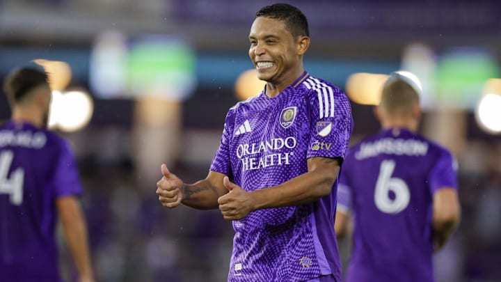 Aug 10, 2025; Orlando, Florida, USA; Orlando City forward Luis Muriel (9) celebrates after scoring a goal against Inter Miami CF in the first half at Inter&Co Stadium. Mandatory Credit: Nathan Ray Seebeck-Imagn Images