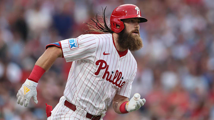 Aug 3, 2025; Philadelphia, Pennsylvania, USA; Philadelphia Phillies outfielder Brandon Marsh (16) runs the bases on a double against the Detroit Tigers during the second inning at Citizens Bank Park. Mandatory Credit: Bill Streicher-Imagn Images