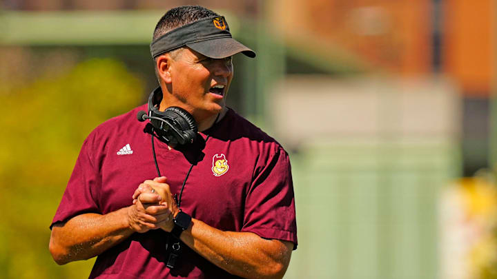 Arizona State defensive coordinator Brian Ward runs a drill for his secondary during the first day of fall practice in Tempe, Ariz. on July 30, 2025.