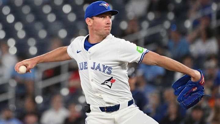 May 14, 2025; Toronto, Ontario, CAN;  Toronto Blue Jays starting pitcher Chris Bassitt (40) delivers a pitch against the Tampa Bay Rays in the first inning at Rogers Centre.