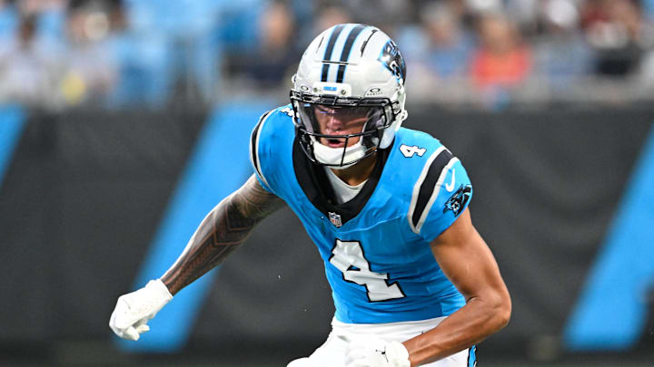 Aug 8, 2025; Charlotte, North Carolina, USA; Carolina Panthers wide receiver Tetairoa McMillan (4) on the field in the second quarter at Bank of America Stadium. Mandatory Credit: Bob Donnan-Imagn Images