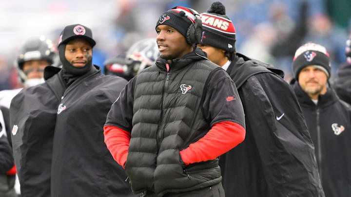 Jan 5, 2025; Nashville, Tennessee, USA;  Houston Texans head coach DeMeco Ryans watches from the sideline against the Tennessee Titans during the second half at Nissan Stadium. Mandatory Credit: Steve Roberts-Imagn Images