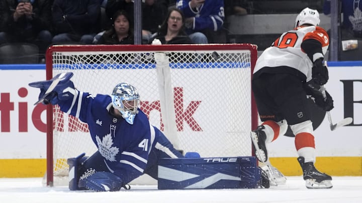 Mar 2, 2026; Toronto, Ontario, CAN; Philadelphia Flyers forward Matvei Michkov (39) scores on Toronto Maple Leafs goaltender Anthony Stolarz (41) during the overtime shoot out at Scotiabank Arena. Mandatory Credit: John E. Sokolowski-Imagn Images Mar 2, 2026; Toronto, Ontario, CAN; Philadelphia Flyers forward Matvei Michkov (39) scores on Toronto Maple Leafs goaltender Anthony Stolarz (41) during the overtime shoot out at Scotiabank Arena. Mandatory Credit: John E. Sokolowski-Imagn Images