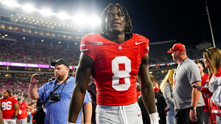 Ohio State Buckeyes linebacker Arvell Reese (8) leaves the field following the NCAA football game against the Ohio Bobcats at Ohio Stadium on Sept. 13, 2025. Ohio State won 37-9.