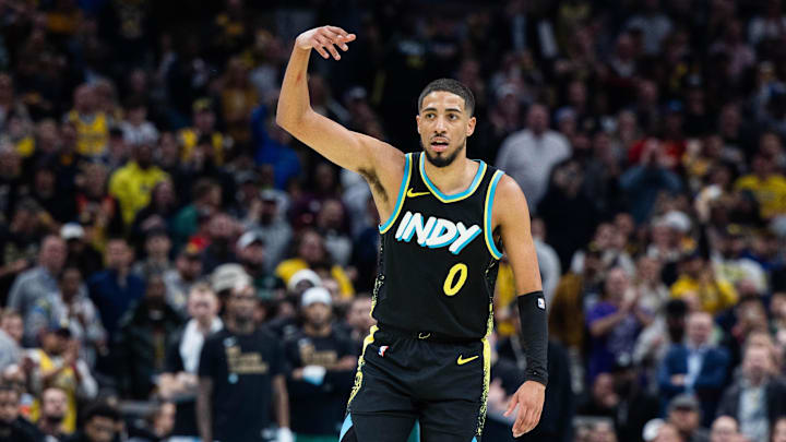 Dec 4, 2023; Indianapolis, Indiana, USA; Indiana Pacers guard Tyrese Haliburton (0) celebrates a