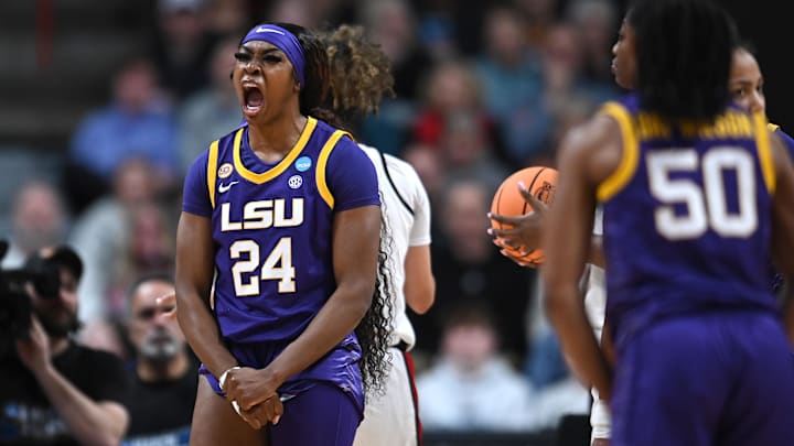 Mar 28, 2025; Spokane, WA, USA; LSU Lady Tigers forward Aneesah Morrow (24) reacts after a play against the NC State Wolfpack during the second half of a Sweet 16 NCAA Tournament basketball game at Spokane Arena. Mandatory Credit: James Snook-Imagn Images