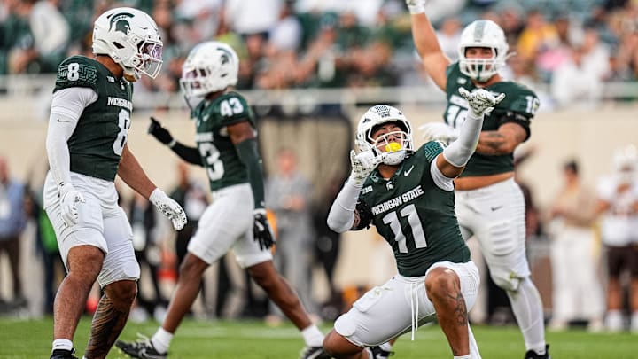 Michigan State edge Anelu Lafaele (11) celebrates a tackles against Western Michigan during the first half at Spartan Stadium in East Lansing on Friday, August 29, 2025.