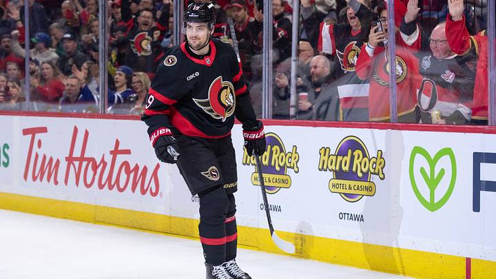 Apr 15, 2026; Ottawa, Ontario, CAN; Ottawa Senators right wing Drake Batherson (19) celebrates his goal scored in the first period against the Toronto Maple Leafs at the Canadian Tire Centre. Mandatory Credit: Marc DesRosiers-IMAGN Images
