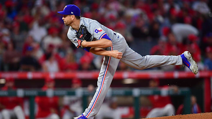 Sep 27, 2024; Anaheim, California, USA; Texas Rangers pitcher Jacob deGrom (48) throws against the Los Angeles Angels during the first inning at Angel Stadium.