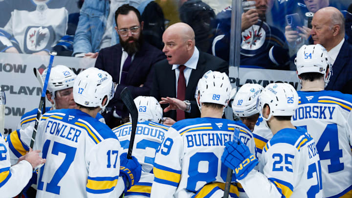Jan 20, 2026; Winnipeg, Manitoba, CAN; St. Louis Blues coach Jim Montgomery strategizes against the Winnipeg Jets during the third period at Canada Life Centre. Mandatory Credit: Terrence Lee-Imagn Images