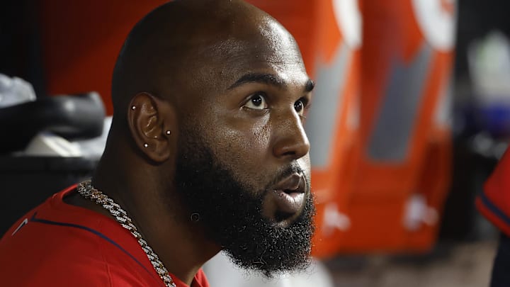 Jun 22, 2025; Miami, Florida, USA;  Atlanta Braves designated hitter Marcell Ozuna (20) sits in the dugout against the Miami during the sixth inning at loanDepot Park. Mandatory Credit: Rhona Wise-Imagn Images