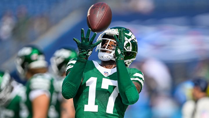 Sep 15, 2024; Nashville, Tennessee, USA;  New York Jets wide receiver Malachi Corley (17) during pregame warmups against the Tennessee Titans at Nissan Stadium. 