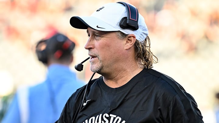 Sep 30, 2022; Houston, Texas, USA;  Houston Cougars head coach Dana Holgorsen  looks on  prior to the start of the game against the Tulane Green Wave at TDECU Stadium in Houston, Texas.