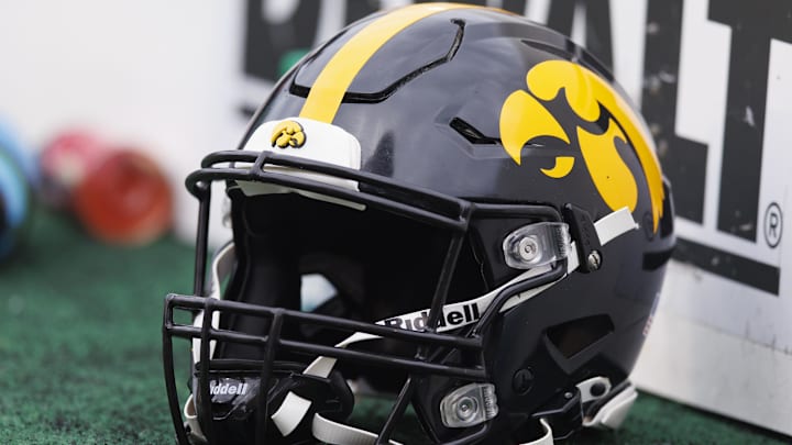 Oct 14, 2023; Madison, Wisconsin, USA;  General view of an Iowa Hawkeyes helmet during the game against the Wisconsin Badgers at Camp Randall Stadium. Mandatory Credit: Jeff Hanisch-Imagn Images