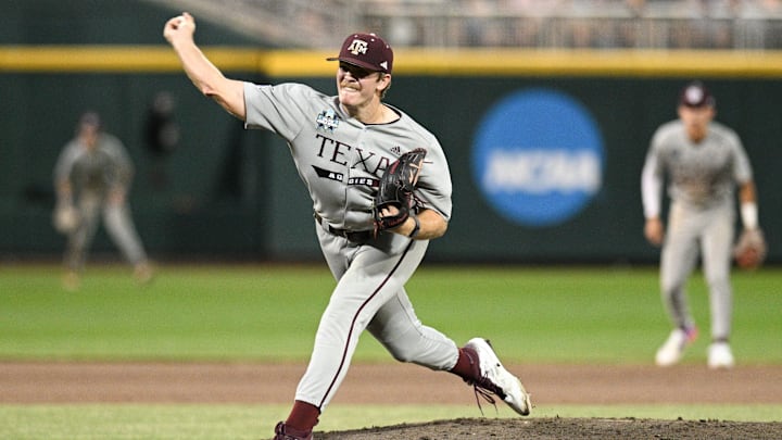 Texas A&M Aggies pitcher Josh Stewart (34) throws against the Tennessee Volunteers during the sixth inning at Charles Schwab Field Omaha.