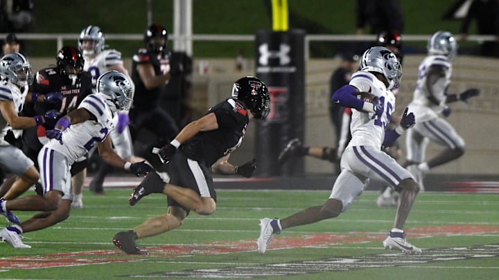 Kansas State's wide receiver Shane Porter (15) intercepts the ball against Texas Tech in a Big 12 conference football game, Saturday, Oct. 14, 2023, at Jones AT&T Stadium.