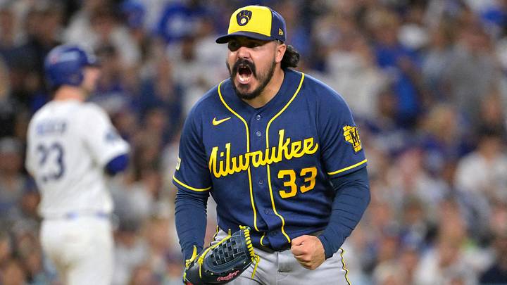 Oct 15, 2026: Milwaukee Brewers pitcher JoJo Romero (33) reacts during the sixth inning against the Los Angeles Dodgers in game four of the NLCS for the 2026 MLB Playoffs at Uniqlo Field at Dodger Stadium. Credit: Jayne Kamin-Oncea-Imagn Images   