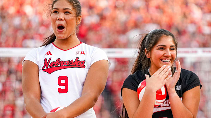Nebraska Cornhuskers setter Kennedi Orr (9) and libero Lexi Rodriguez