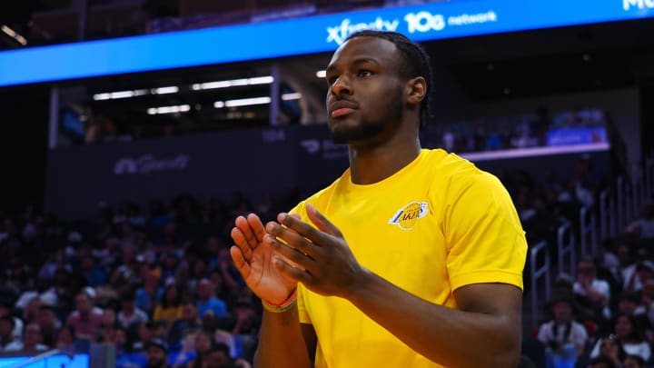 Jul 7, 2024; San Francisco, CA, USA; Los Angeles Lakers guard Bronny James Jr. (9) claps for a teammate during the second quarter against the Golden State Warriors at Chase Center. Mandatory Credit: Kelley L Cox-USA TODAY Sports Jul 7, 2024; San Francisco, CA, USA; Los Angeles Lakers guard Bronny James Jr. (9) claps for a teammate during the second quarter against the Golden State Warriors at Chase Center. Mandatory Credit: Kelley L Cox-USA TODAY Sports