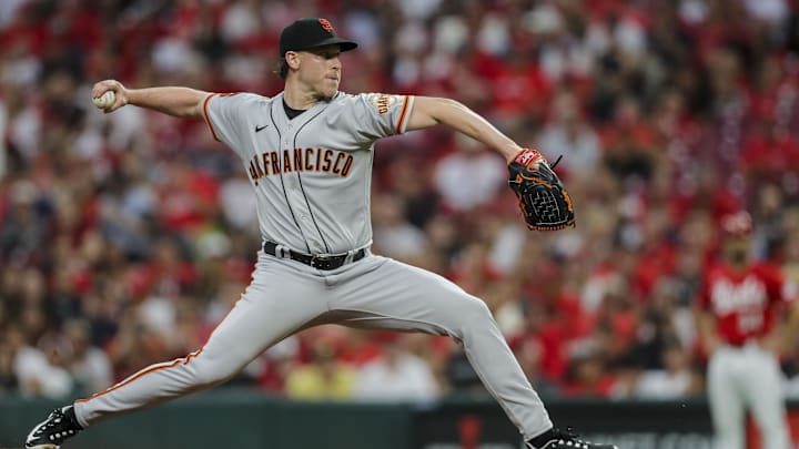 Jul 18, 2023; Cincinnati, Ohio, USA; San Francisco Giants starting pitcher Anthony DeSclafani (26) pitches against the Cincinnati Reds in the first inning at Great American Ball Park.