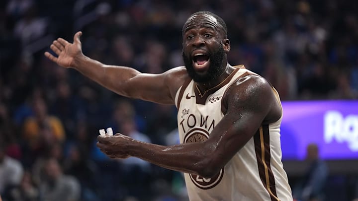 Jan 30, 2026; San Francisco, California, USA; Golden State Warriors forward Draymond Green (23) reacts after the Warriors committed a turnover against the Detroit Pistons in the first quarter at the Chase Center. Mandatory Credit: Cary Edmondson-Imagn Images