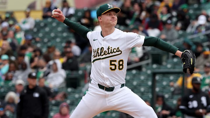 Apr 26, 2025; West Sacramento, California, USA; Athletics pitcher Noah Murdock (58) throws a pitch against the Chicago White Sox in the sixth inning at Sutter Health Park. Mandatory Credit: Dennis Lee-Imagn Images Apr 26, 2025; West Sacramento, California, USA; Athletics pitcher Noah Murdock (58) throws a pitch against the Chicago White Sox in the sixth inning at Sutter Health Park. Mandatory Credit: Dennis Lee-Imagn Images