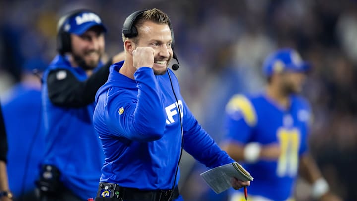Jan 13, 2025; Glendale, AZ, USA; Los Angeles Rams head coach Sean McVay celebrates a touchdown against the Minnesota Vikings during an NFC wild card game at State Farm Stadium.