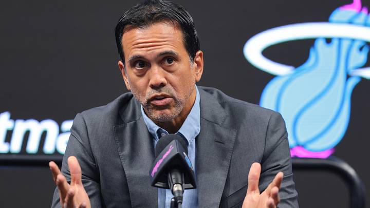 Miami Heat head coach Erik Spoelstra speaks to reporters  (Mandatory Credit: Sam Navarro-Imagn Images)