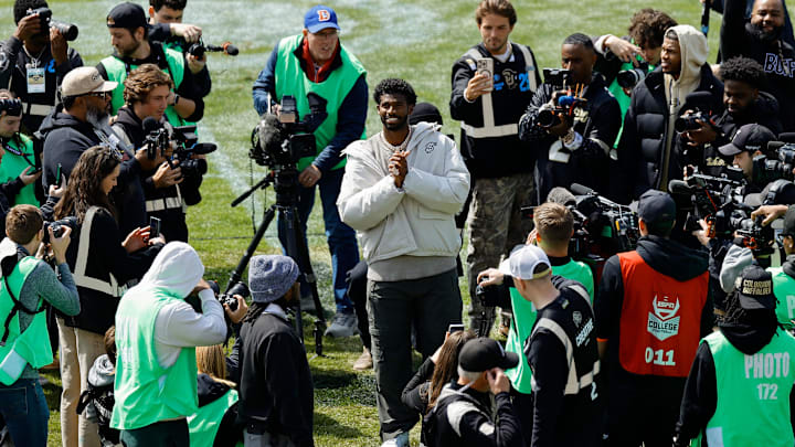 Apr 19, 2025; Boulder, CO, USA; Former Colorado Buffaloes player Shedeur Sanders during his number retirement ceremony before the spring game at Folsom Field. Mandatory Credit: Isaiah J. Downing-Imagn Images