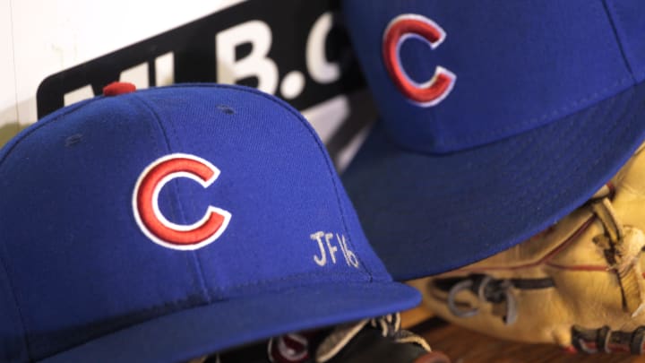 Sep 26, 2016; Pittsburgh, PA, USA; A detail view of a tribute to Miami Marlin pitcher Jose Fernandez on the hat worn by Chicago Cubs center fielder Albert Almora Jr. (not pictured) against the Pittsburgh Pirates at PNC Park.