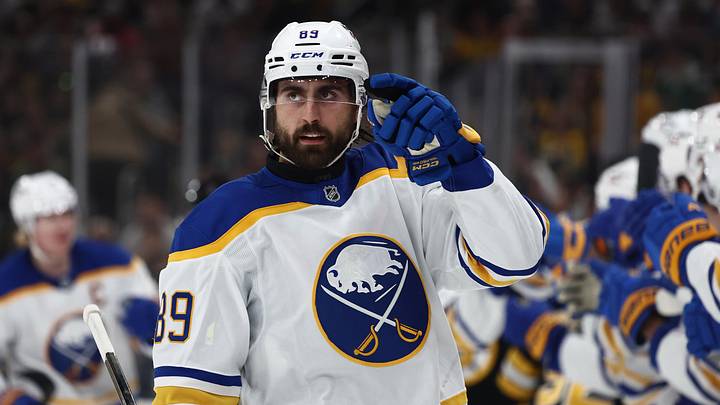May 1, 2026; Boston, Massachusetts, USA; Buffalo Sabres right wing Alex Tuch (89) points to his goaltender after being congratulated at the bench after scoring against the Boston Bruins during the first period of game six of the first round of the 2026 Stanley Cup Playoffs at TD Garden. Mandatory Credit: Winslow Townson-Imagn Images May 1, 2026; Boston, Massachusetts, USA; Buffalo Sabres right wing Alex Tuch (89) points to his goaltender after being congratulated at the bench after scoring against the Boston Bruins during the first period of game six of the first round of the 2026 Stanley Cup Playoffs at TD Garden. Mandatory Credit: Winslow Townson-Imagn Images