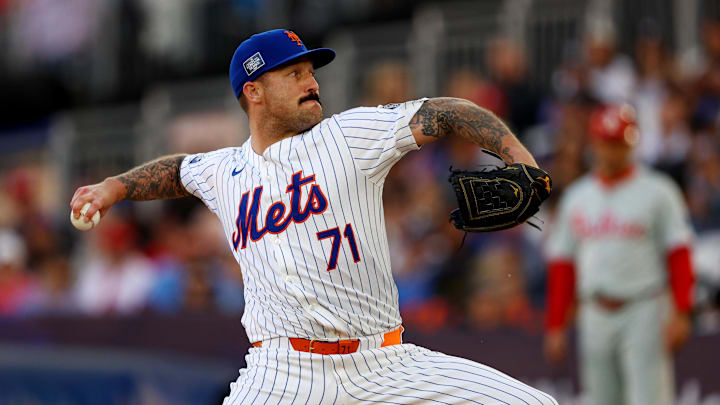 [US, Mexico & Canada customers only] June 8, 2024; London, UNITED KINGDOM; New York Mets pitcher Sean Reid-Foley in action against the Philadelphia Phillies during a London Series baseball game at Queen Elizabeth Olympic Park. Mandatory Credit: Matthew Childs/Reuters via Imagn Images