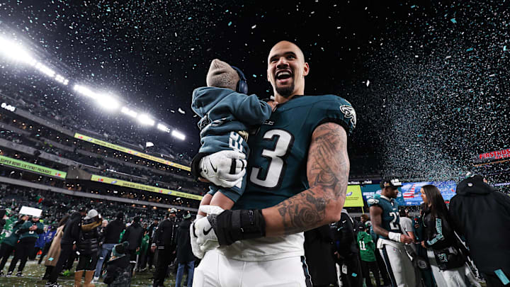 Philadelphia Eagles linebacker Zack Baun (53) celebrates after a victory in the NFC Championship game against the Washington Commanders at Lincoln Financial Field.