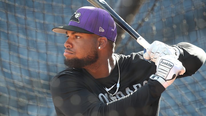 Aug 22, 2025; Pittsburgh, Pennsylvania, USA;  Colorado Rockies right fielder Yanquiel Fernandez (35) in the batting cage before the game against the Pittsburgh Pirates at PNC Park. Mandatory Credit: Charles LeClaire-Imagn Images