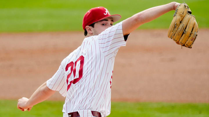 Feb 14, 2026; Tuscaloosa, AL, USA; Alabama pitcher Zane Adams (20) pitches against Washington State at Sewell-Thomas Stadium. Alabama played a double header against Washington State Saturday to escape Sunday’s forecast rain. Feb 14, 2026; Tuscaloosa, AL, USA; Alabama pitcher Zane Adams (20) pitches against Washington State at Sewell-Thomas Stadium. Alabama played a double header against Washington State Saturday to escape Sunday’s forecast rain.
