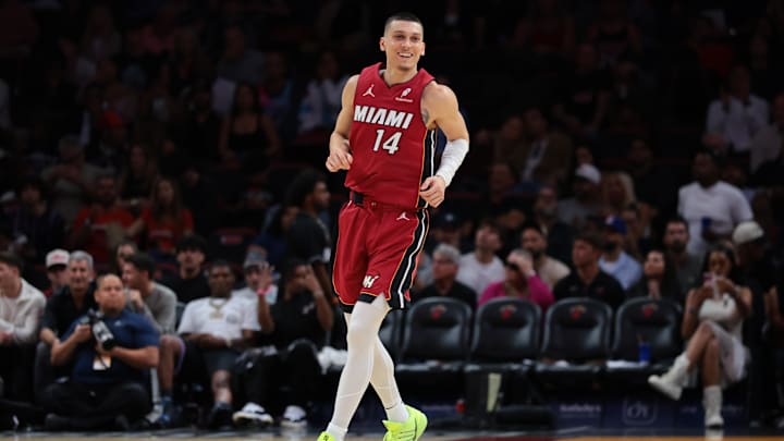 Mar 5, 2026; Miami, Florida, USA; Miami Heat guard Tyler Herro (14) reacts against the Brooklyn Nets during the third quarter at Kaseya Center. Mandatory Credit: Sam Navarro-Imagn Images