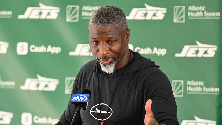 New York Jets head coach Aaron Glenn speaks at a press conference during training camp at Atlantic Health Jets Training Center. 