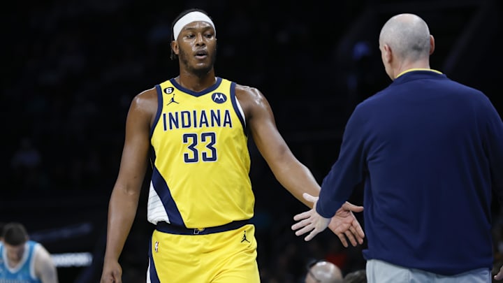 Mar 20, 2023; Charlotte, North Carolina, USA; Indiana Pacers center Myles Turner (33) slaps hands with Indiana Pacers head coach Rick Carlisle as he goes to the bench during the first half against the Charlotte Hornets at Spectrum Center. Mandatory Credit: Nell Redmond-Imagn Images Mar 20, 2023; Charlotte, North Carolina, USA; Indiana Pacers center Myles Turner (33) slaps hands with Indiana Pacers head coach Rick Carlisle as he goes to the bench during the first half against the Charlotte Hornets at Spectrum Center. Mandatory Credit: Nell Redmond-Imagn Images