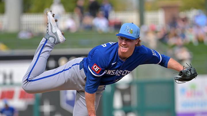 Feb 20, 2026; Surprise, Arizona, USA;  Kansas City Royals pitcher Eric Cerantola (61) delivers to the plate in the fifth inning against the Texas Rangers at Surprise Stadium. Mandatory Credit: Jayne Kamin-Oncea-Imagn Images
