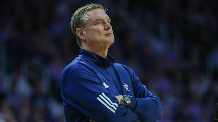 Feb 8, 2025; Manhattan, Kansas, USA; Kansas Jayhawks head coach Bill Self watches his team during the second half against the Kansas State Wildcats at Bramlage Coliseum. Mandatory Credit: Scott Sewell-Imagn Images Feb 8, 2025; Manhattan, Kansas, USA; Kansas Jayhawks head coach Bill Self watches his team during the second half against the Kansas State Wildcats at Bramlage Coliseum. Mandatory Credit: Scott Sewell-Imagn Images