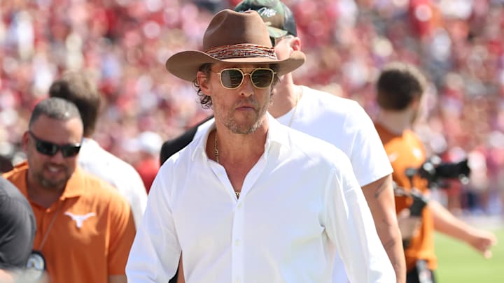 Oct 12, 2024; Dallas, Texas, USA;  Texas Longhorns fan and actor Matthew McConaughey before the game against the Oklahoma Sooners at the Cotton Bowl. Mandatory Credit: Kevin Jairaj-Imagn Images